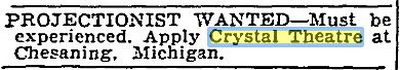 Aug 1942 help wanted Crystal Theater, Chesaning
